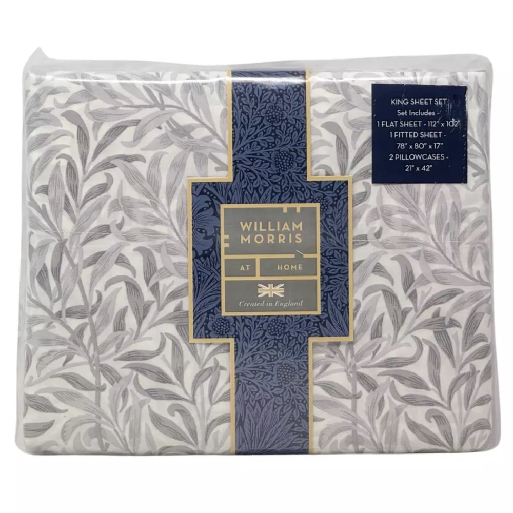 WILLIAM MORRIS England KING Willow Bough Dove Gray Cotton Percale Sheet Set NEW
